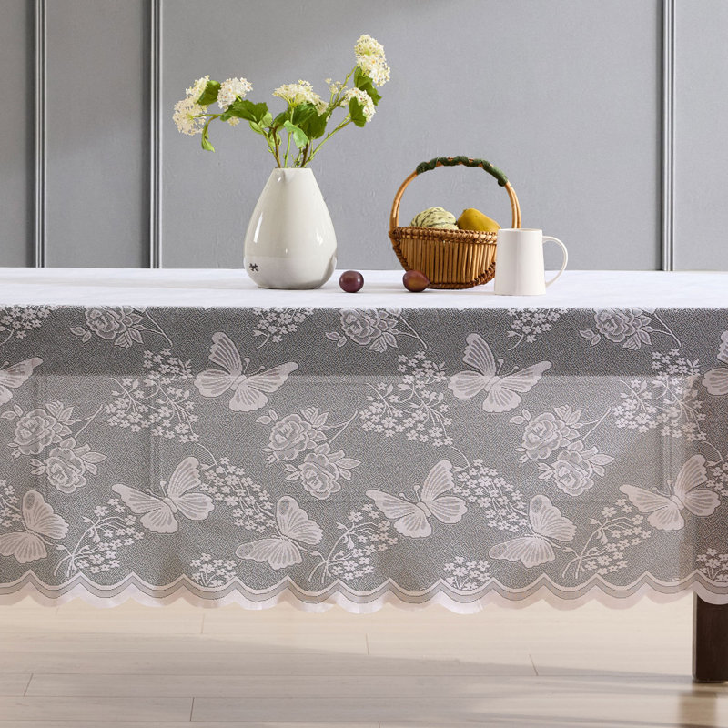 August Grove® Dearia Floral Lace Fabric Tablecloth, Lace Fabric Table Cloth for Oval Tables, Wrinkle Resistant Tablecloth, Patterned Scalloped Tablecloth (60 W x 84 L)