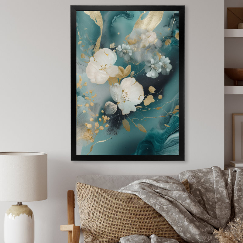 Motif de fleur de marbre doré bleu II - impression, Cadre photo noir, H 20 po x l 12 po x P 1 po