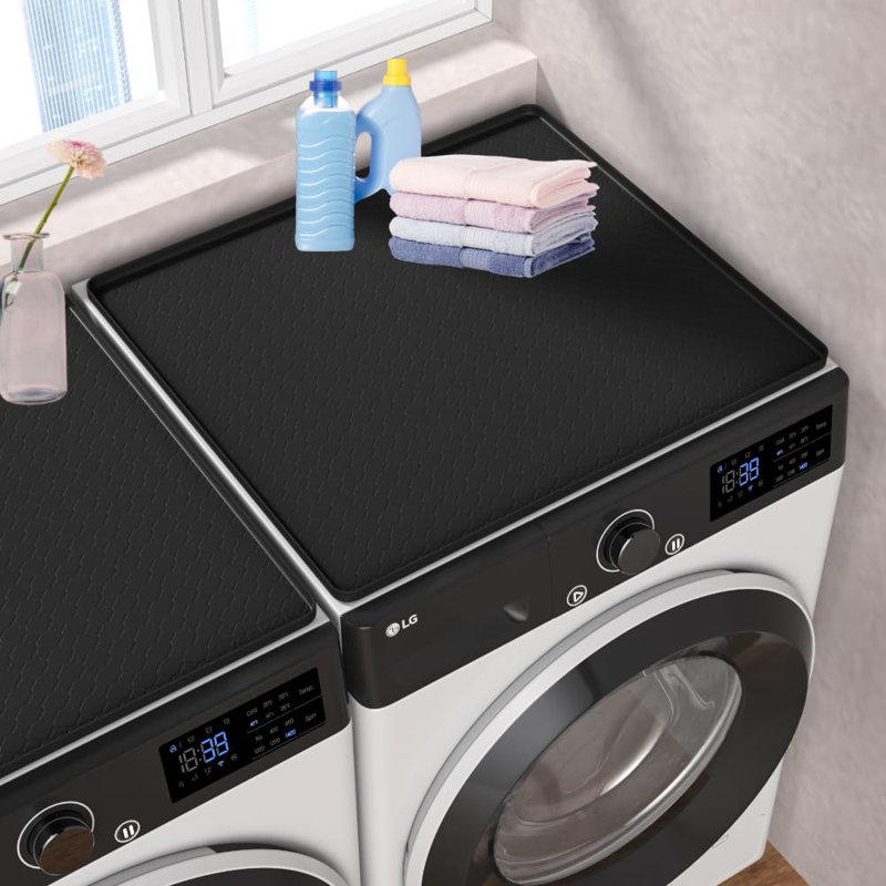 Washer And Dryer Covers For The Top - Black 27''X 27'' Silicone Protector Mat For Washing Machine Countertop - Non-Slip Rubber Waterproof Dustproof