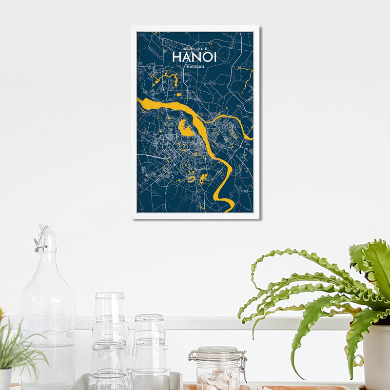 Hanoi, carte de la ville, impression, H 17 po x l 11 po, Bleu / jaune