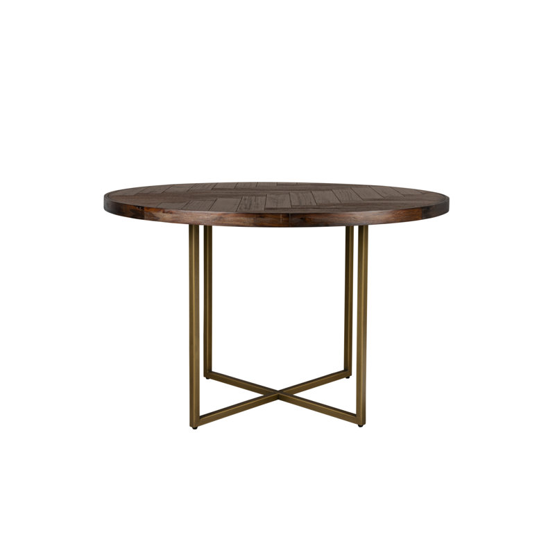 Round Dark Brown Acacia Wood Dining Table with Metal Base