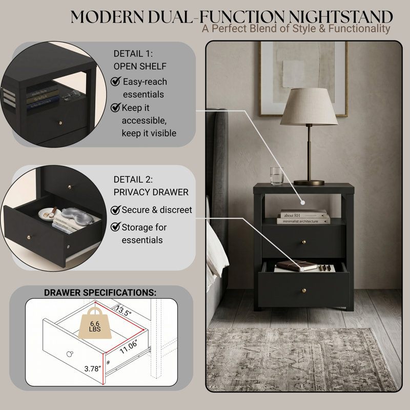 Elara Modern 23“H 2 Drawer Nightstand With Open Shelf