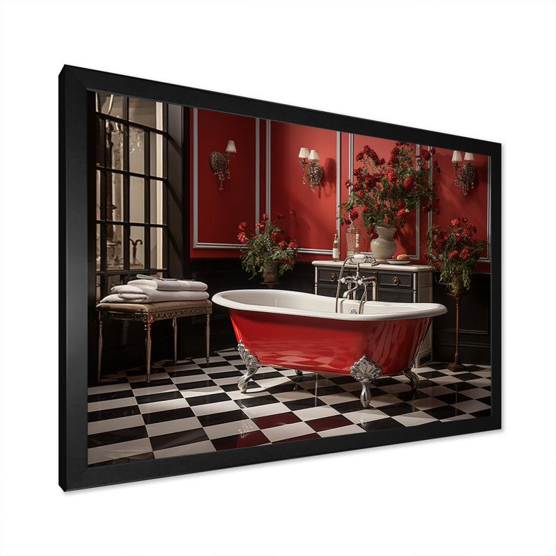 «Red Modern Bathroom Charm IV - Laundry», reproduction d'art sur toile, Cadre simple noir, H 24 po x l 32 po x P 1 po