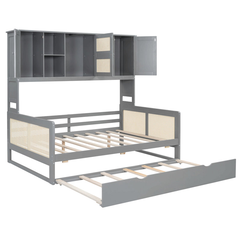 Lit de jour en bois avec lit gigogne, armoire et tablette, Gris, Lit double