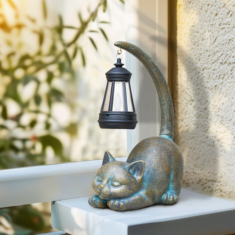 Statue de chat à énergie solaire avec lanterne - lumière de décoration de jardin extérieur, veilleuse mignonne en forme d'animal pour la cour
