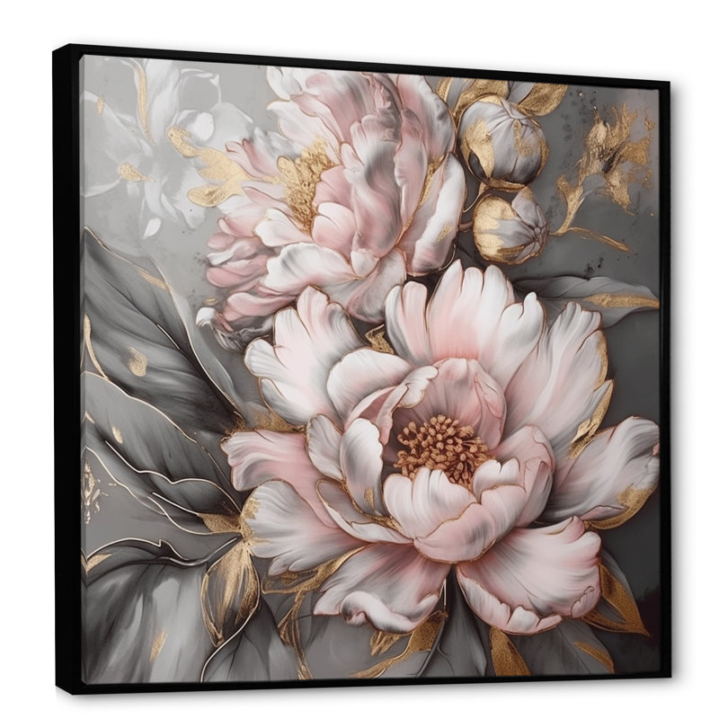 Rose et gris pivoines élégantes I - pivoines, art mural encadré, H 36 po x l 36 po, Cadre flottant noir