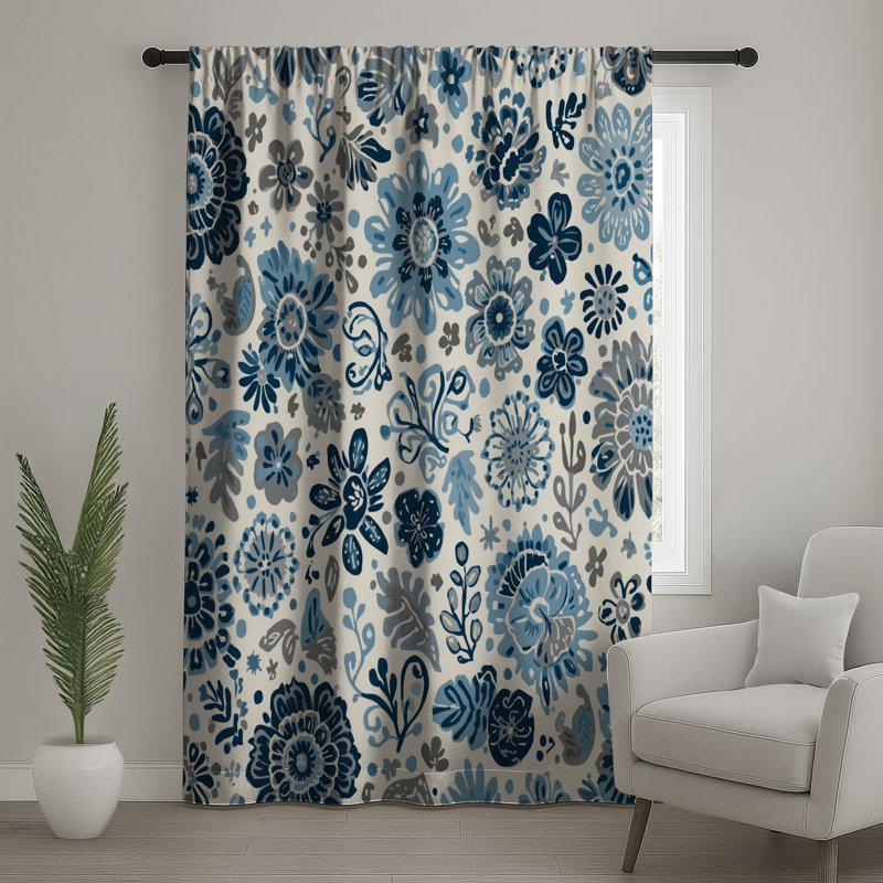 Rideaux de fenêtre à motif floral bleu gris, 50" x 80" - 1 Panel, Transparent