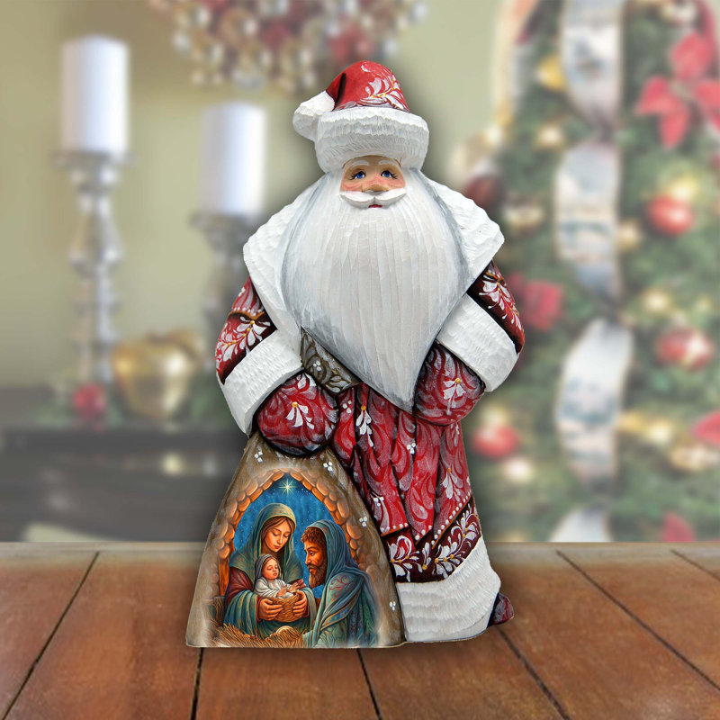 Holy Family Nativity Santa In Red Hand-Painted Wood Carved Masterpiece By G. Debrekht