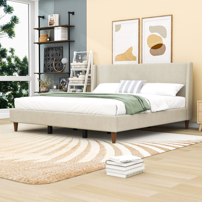 Lit plateforme tapissier avec tête de lit à oreilles et pieds centraux, Très grand lit, Beige