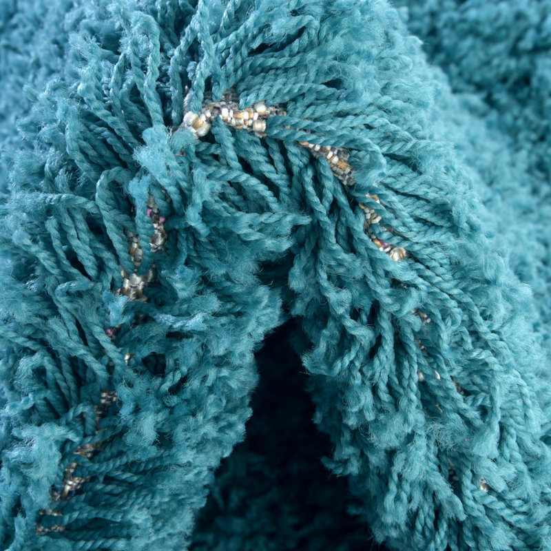 Tapis noir de jais Santoshi, Rond 3 pi 1 po, Bleu aqua foncé