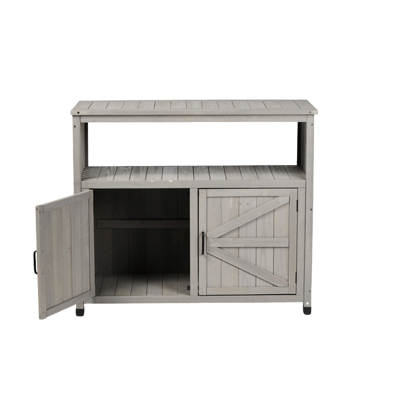 Armoire de patio en bois de sapin massif avec table de bar intérieure grise, conception à lattes élégante pour un look élégant, rangement pour grands outils, buffet, outils de rangement spacieux, multi -
