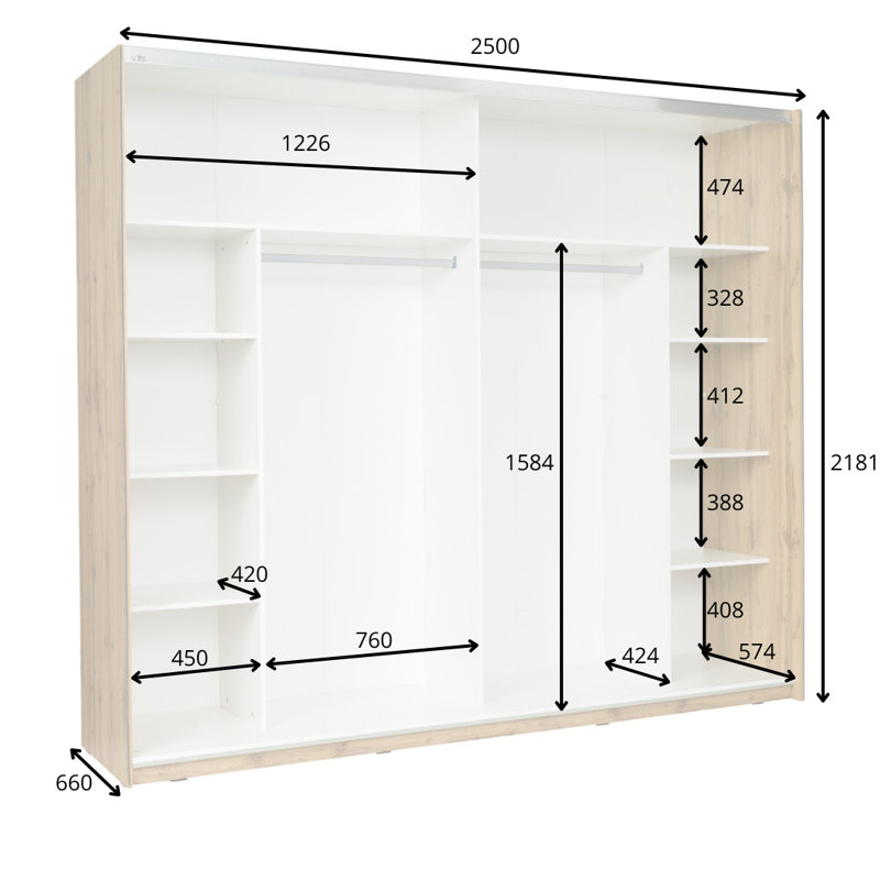 Reade 2 Door Manufactured Wood Wardrobe, H218 x W250 xD66cm