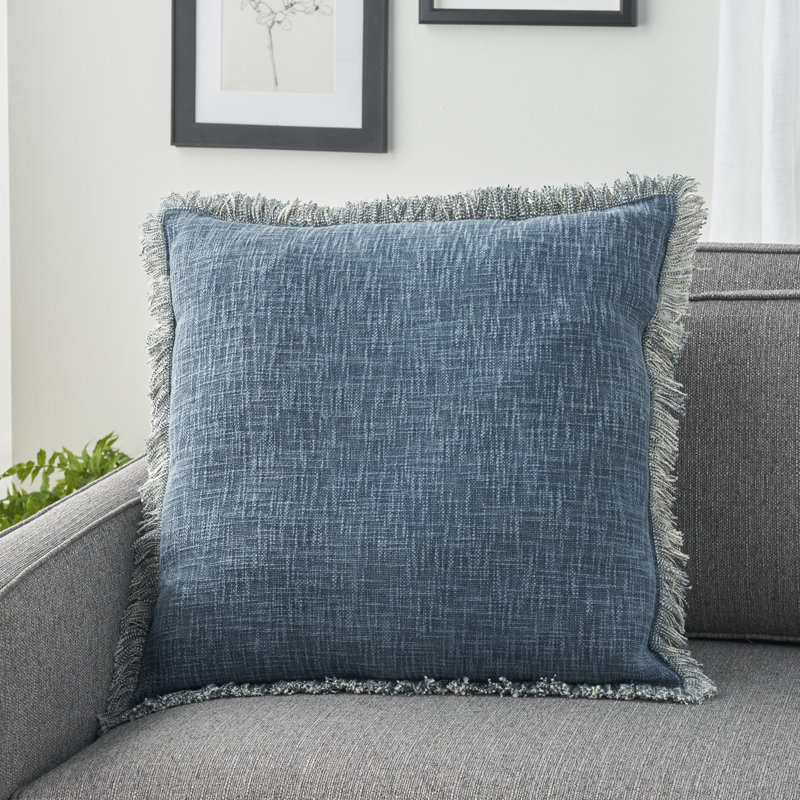 Navy Stonewashed Cotton Fringe 22" Square Throw Pillow