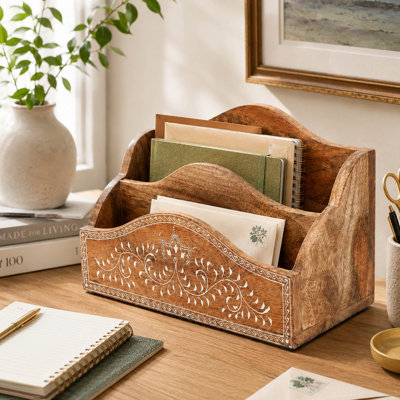 Handcrafted Mango Wood Desk Organizer with Carved Detail and Letter Slots
