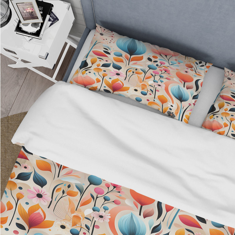 Minimalist Pastel Flowers Pattern I - Ensemble de housse de couette Mid-Century