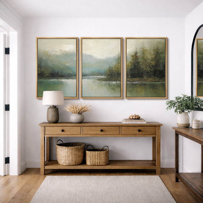 Abstract Landscape "Earthy Neutral Green Woodland Artwork, Serene Nature Lake Decor Wall Pictures, Framed Canvas Giclée Print 3 Pieces Wall Art"