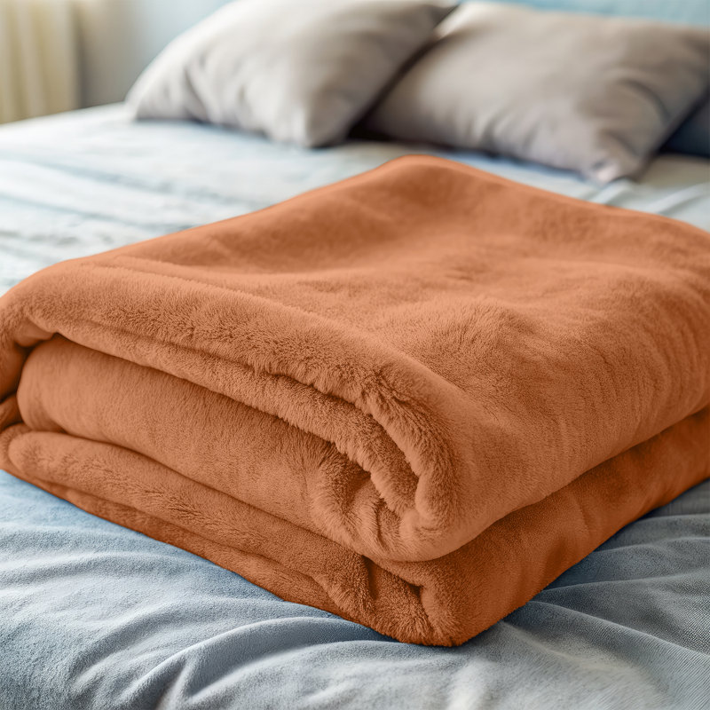 Ultra Soft Plush Faux Fur Reversible Fleece Blanket, Rust, Double