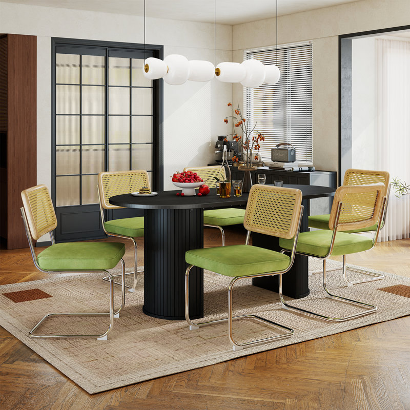 6 - Person Dining Table Sets With 70.8'' Oval Dining Table & 4 Upholstered Rattan Dining Chairs, Black, Green/Light Brown