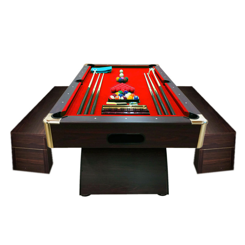 8 ft Modern Billiard Table Green with Storage Benches, Red