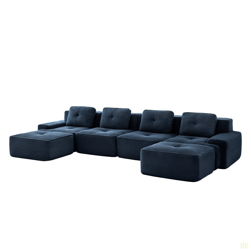 153" Modern U-Shaped Modular Sectional Sofa For Living Room, Corduroy Fabric,4-Seater Couch With Deep Seat And 2-Movable Ottoman,Pearl-Like Piping, Tufted Design, No Assembly, Anti-Slip Design​