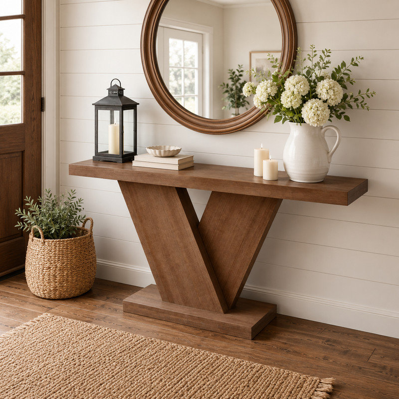 Console en L 66 po avec pieds en X et placage en bois massif, table d'entrée robuste pour petit espace, noyer, Noyer, Noyer