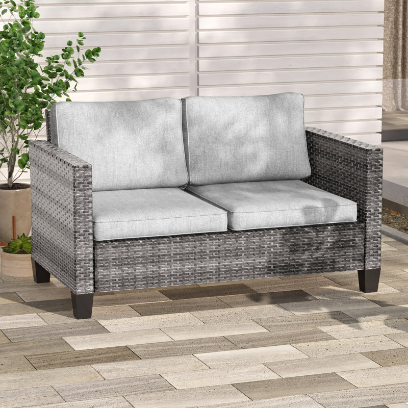 Outdoor Loveseat Sofa with PE Rattan Wicker & Sturdy Frame for Patio, Gray, Light Gray