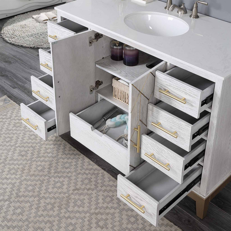 Charice 48 po X P 22 po D Meuble-lavabo gris brossé avec comptoir en marbre blanc et lavabo blanc