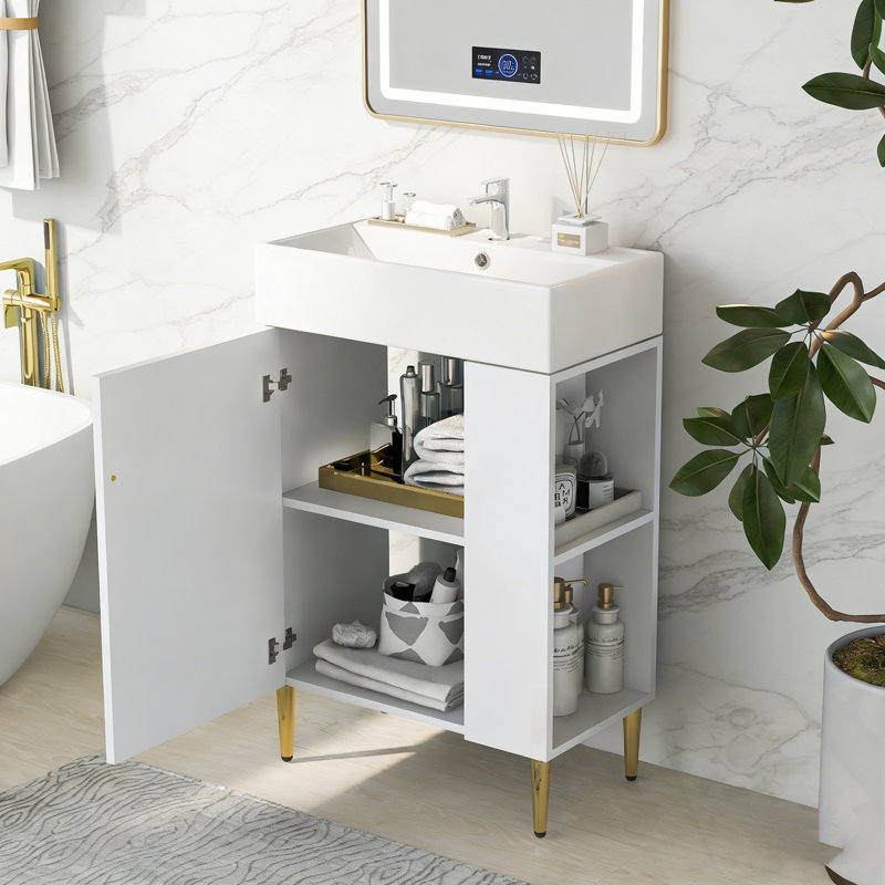 Meuble-lavabo de salle de bain avec lavabo et rangement à droite, Blanc