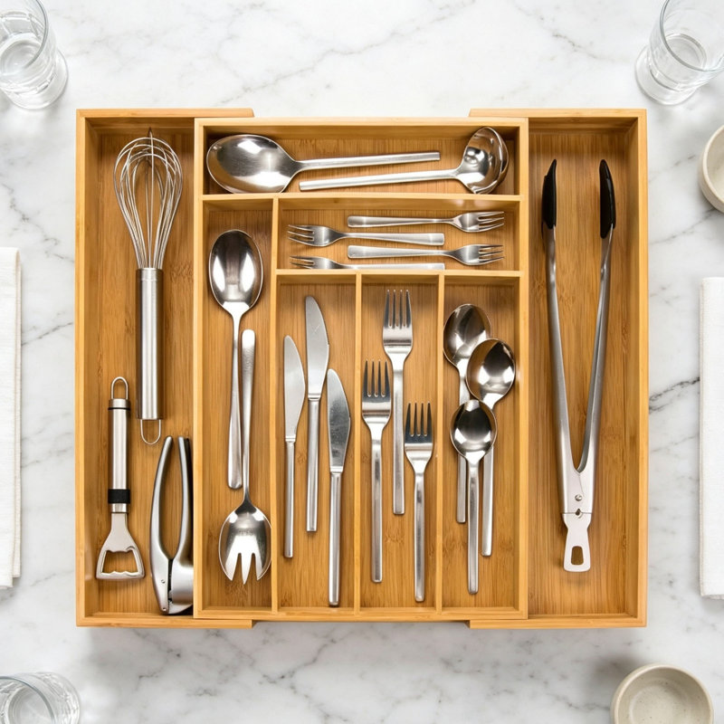 Cutlery Tray Depth 45 cm Bamboo Drawer Organiser System for the Kitchen Kitchen Drawer Organiser
