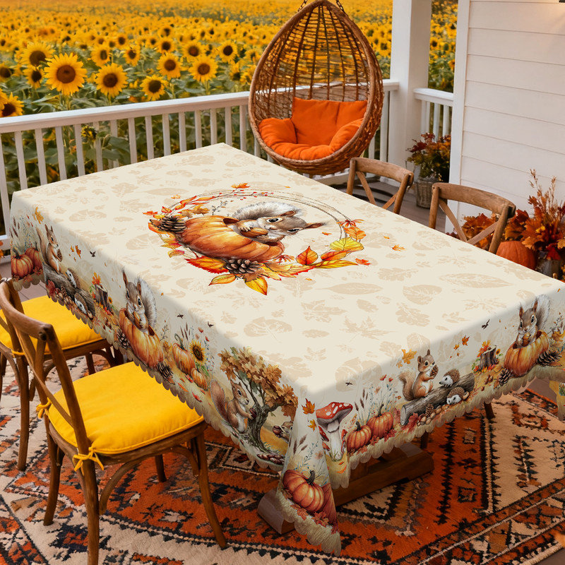 Nappe en polyester lavable à la machine avec motif écureuil d'automne, L 70,8 po x l 55,12 po