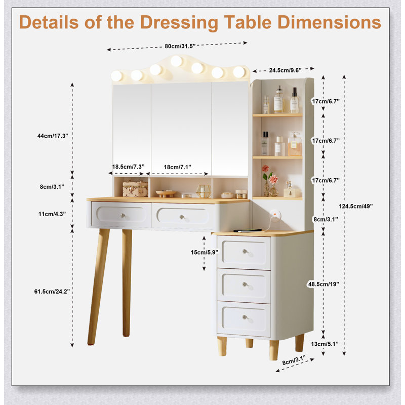 Vanity Desk With Mirror And Lights, Makeup Vanity With 2 USB Ports, Two Drawers, Three-Drawer Chest, 3 Lighting Modes, Foldable Three-Sided Mirror