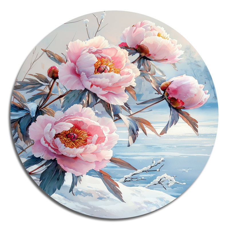 Pivoines près du lac gelé II - pivoines rondes, décoration murale en métal rose traditionnel, H 36 po x l 36 po