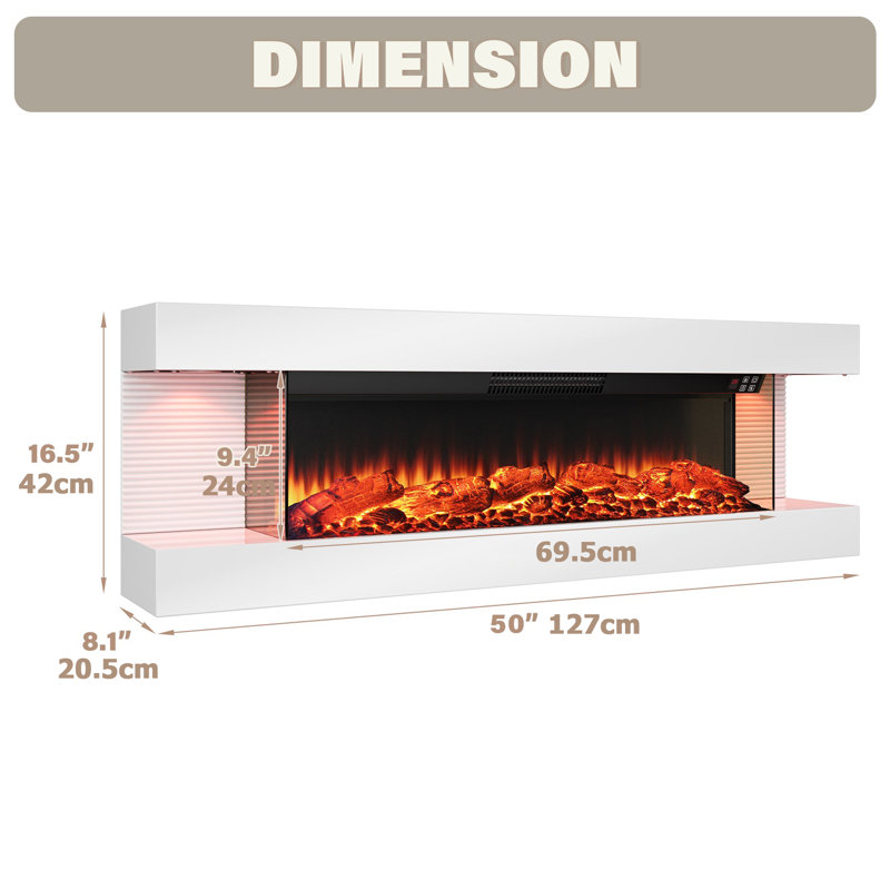 Wall Mounted Hanging Electric Fireplace with Smart WiFi Control, 42cm H x 127cm W x 20.5cm D