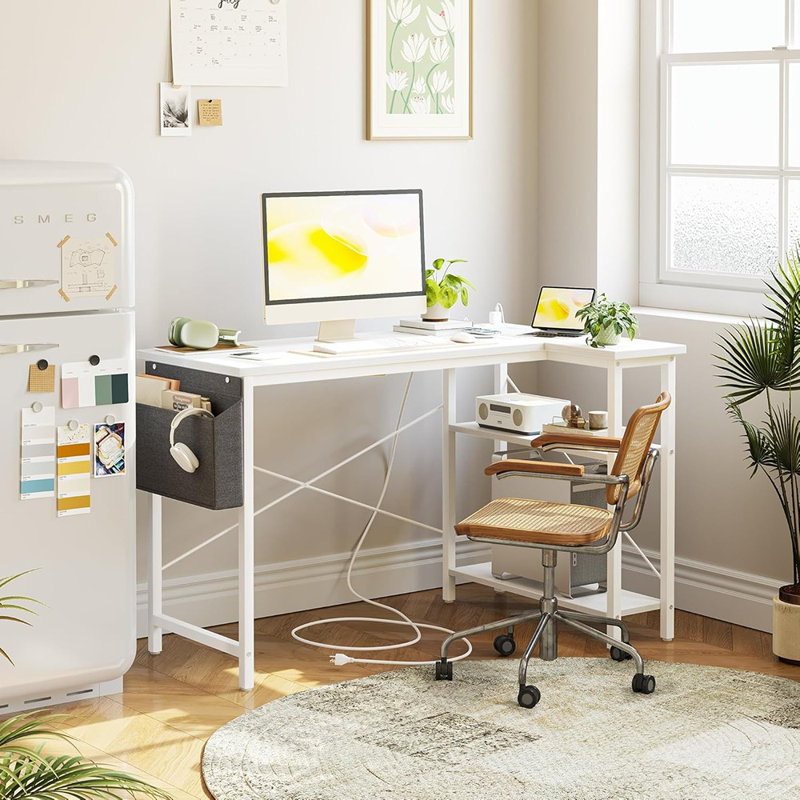 Table de coin de bureau en L blanche de 40 po, table de jeu et de poste de travail avec tablettes réversibles pour le bureau à domicile, la chambre à coucher ou le bureau