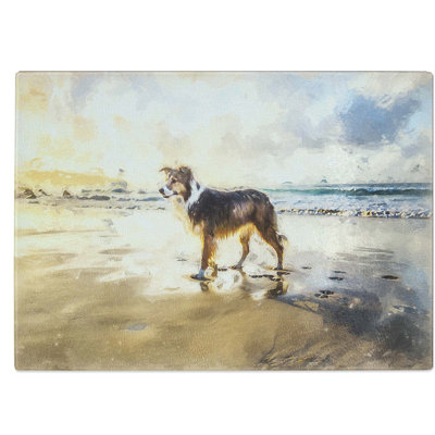 Tempered Glass Border Collie Dog at the Beach Chopping Board