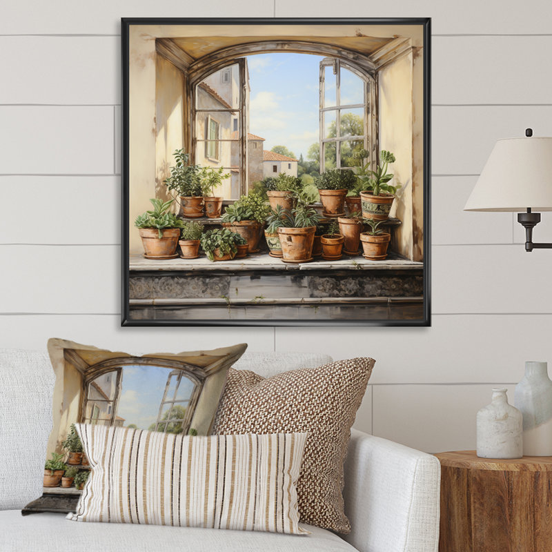 «Italian Poteries Window Charm», art mural fenêtres de ferme, Cadre flottant noir, H 36 po x l 36 po x P 1,5 po