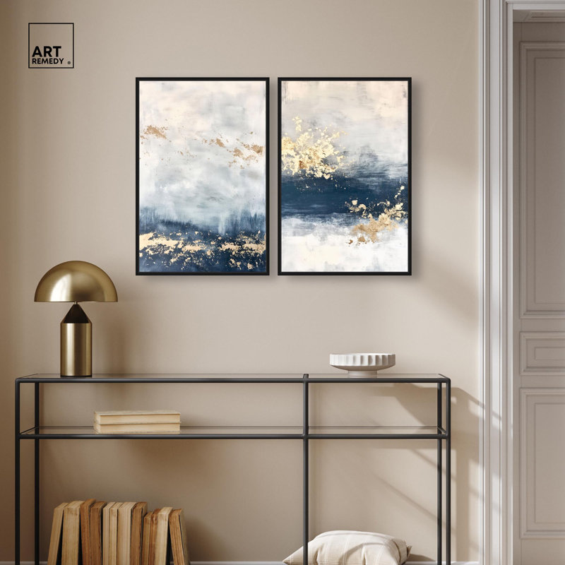 «Gilded Coastal Calm Blue Art», ensemble de 2 impressions sur toile par , H 25 po x l 17 po, Noir
