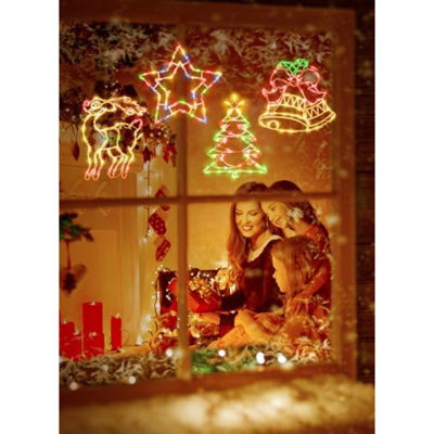 Christmas Window Silhouette Lights Decorations - Pack Of 4 Sign Colour Lighted Deer, Xmas Trees, Bell, And Star For Holiday Indoor Wall Door Glass Décor