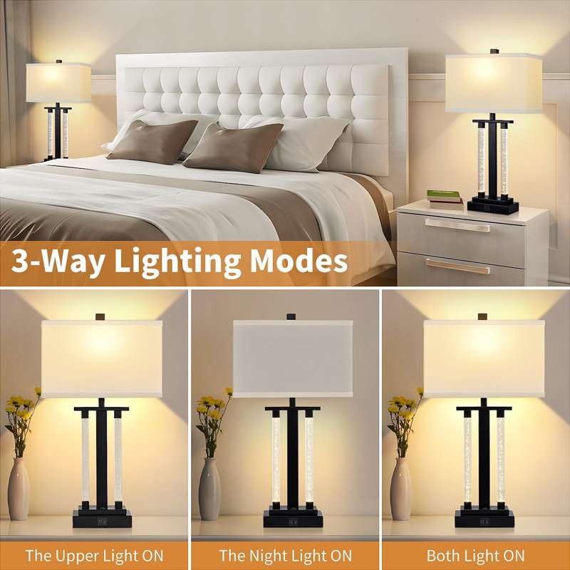 Black Adjustable 23" Modern Table Lamps Set with USB Charging