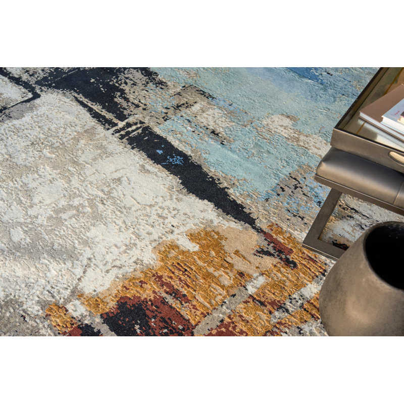 Picasso hand-knotted Wool/Silk Blue Area Rug, 10'X14'
