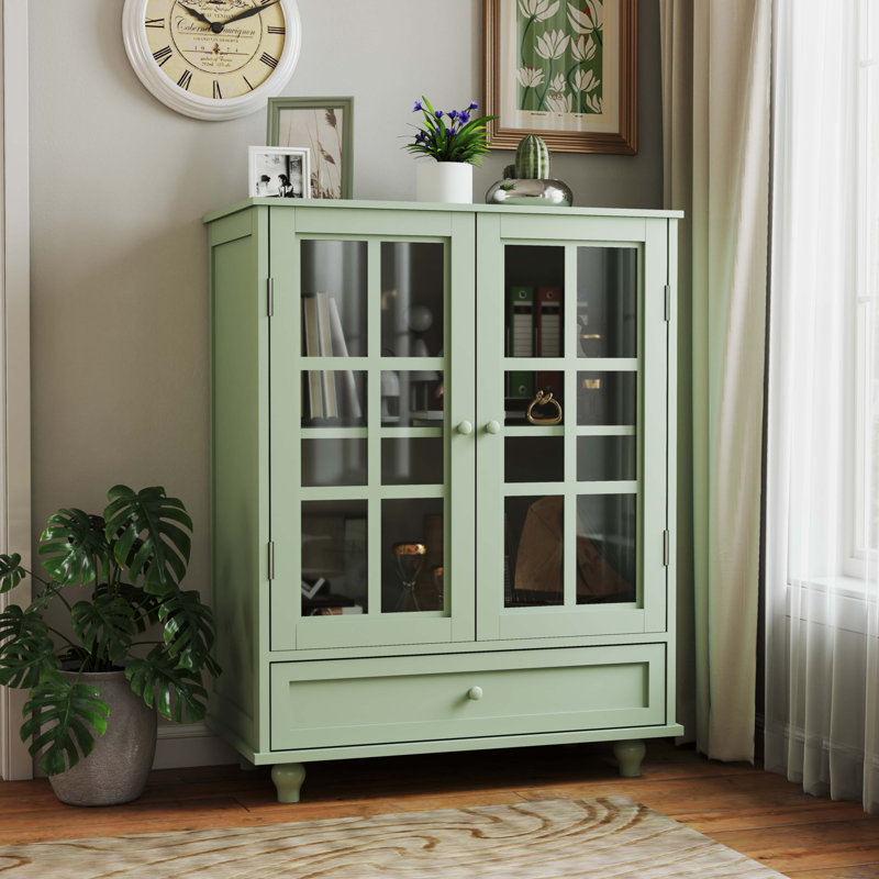 Minimalism Buffet Cabinet with Double Glass Doors And Drawer, Accent Cabinet, Modern Wooden Storage Sideboard Cupboard, Green