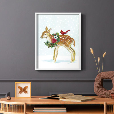 «Winter Woodland Creatures with Cardinals II», reproduction encadrée - bois massif