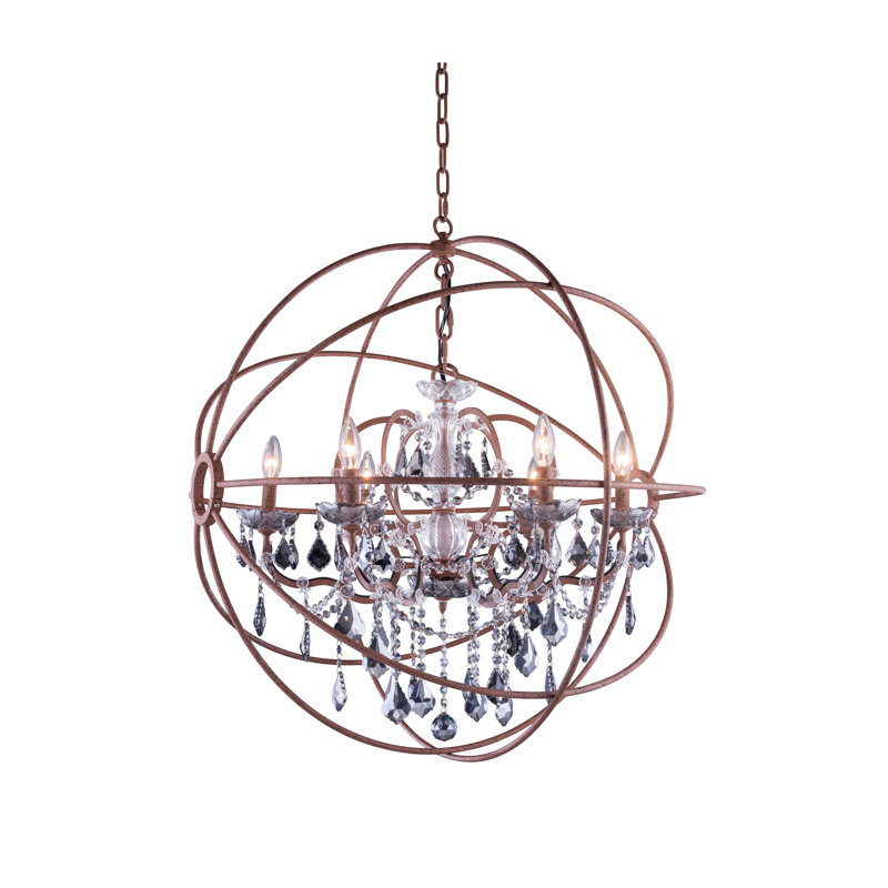 Lustre en forme de globe à 6 lumières de style bougie avec détails en cristal Svante, Abat-jour argenté (gris), Nickel poli