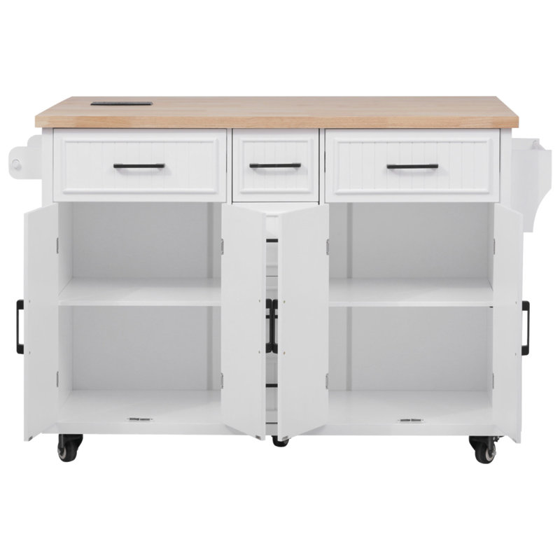 56.5'' Kitchen Island With Drop Leaf, Power Outlet, Embossed Vertical Stripe Rolling Kitchen Cart On Wheels With 4 Doors , 5 Deep Drawers And Adjustable Shelves, For Kitchen, Dining Room