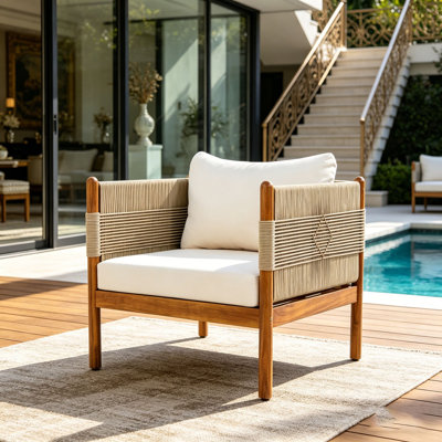 Outdoor Acacia Wood Club Chair with Diamond Rope Weave & Cushions