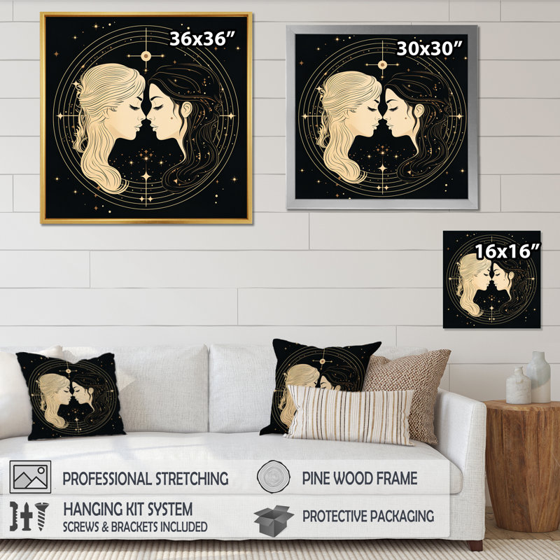 Signe du zodiaque Gémeaux - impression sur toile astrologie, H 24 po x l 24 po x P 1 po, Cadre simple noir