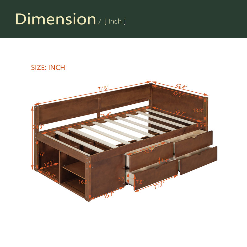 Lit de jour avec tiroirs et tablettes, Noyer, Lit simple
