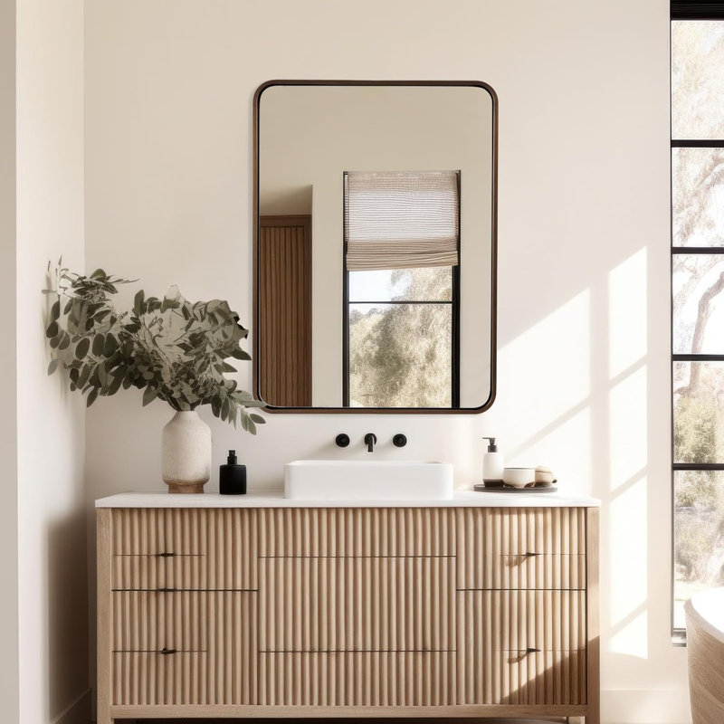 Contemporary Rectangle Bathroom Vanity Mirror | Stainless Steel Thick Frame, 36" x 24", Brushed Bronze