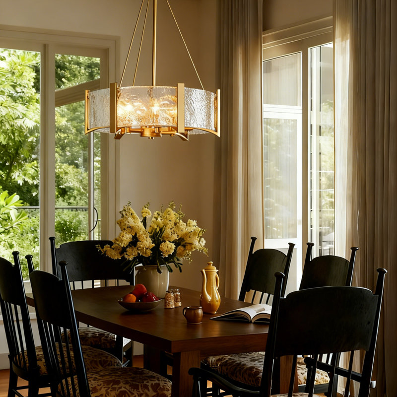 Hanshelmut 6-Light Shaded Gold Drum Chandelier with Ripple Glass
