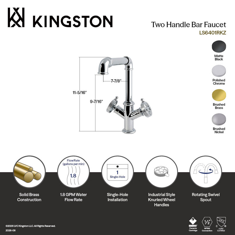 Robinet de bar à un trou à deux poignées à fixation sur comptoir avec poignée moletée Kingston Brass Wendell, Laiton brossé